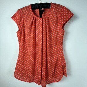 Worthington Womens Orange Geometric Print Pleated Cap Sleeve Blouse Top Large